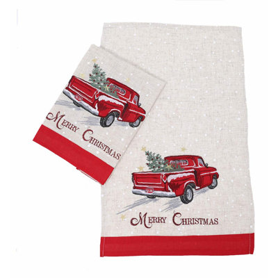 Festive Truck Print Kitchen Towels, 14x22, Natural