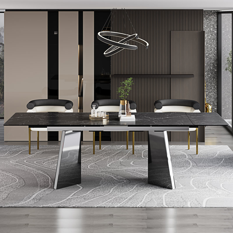 Glam Modern 63'' To 94.5” Extendable Dining Table With Sintered Stone Tabletop And Steel Base For 6-10, Shakespeare Black
