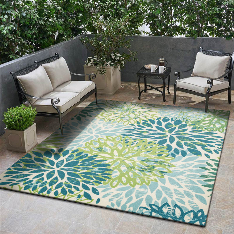 Tapis d'extérieur Sunshine Modern Plant Design Performance - vert / bleu / ivoire, Rectangle 8 pi x 10 pi
