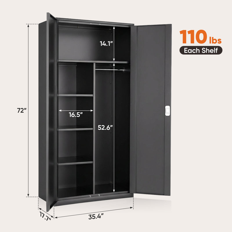 Armoire de rangement en métal 72 po, organisateur de garde-robe de rangement avec tringle, porte verrouillable et tablettes réglables