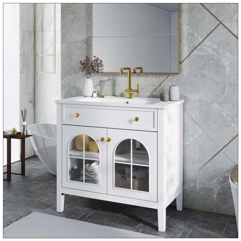 Meuble-lavabo de salle de bain Mid-Century avec capteur de mouvement et verre à motif, White