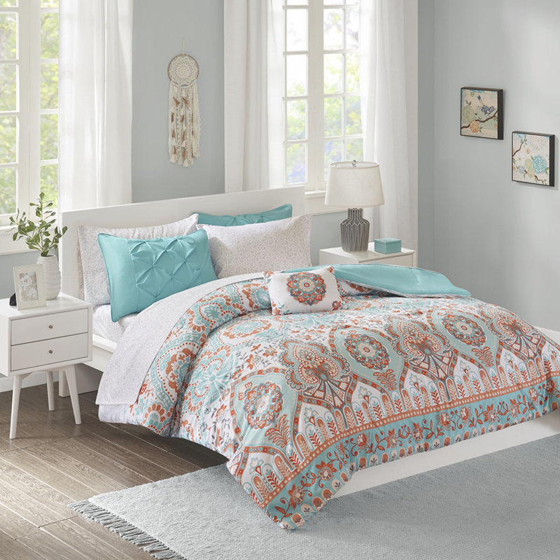 Ensemble d'édredon Boho pour lit simple TG avec motif floral turquoise et orange