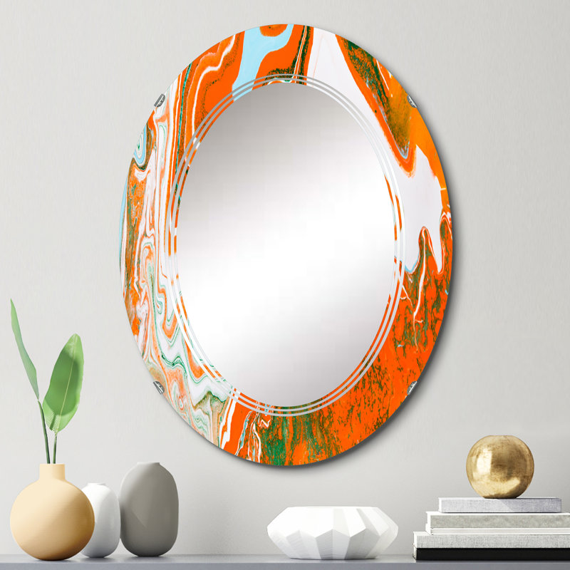 Liquide marbrant des vagues oranges sur blanc - miroir mural moderne ovale, 30 po x 20 po