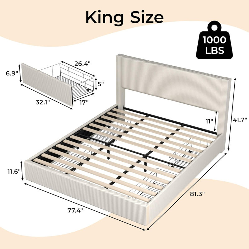 Structure de lit tapissier très grand avec très grande tête de lit à oreilles capitonnée, tissu en velours, 4 tiroirs de rangement, support à lattes en bois, aucun sommier nécessaire, blanc