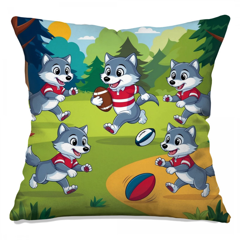 Caricature de loups jouant au rugby Coussins décoratifs à double face, 14 X 14 pouces