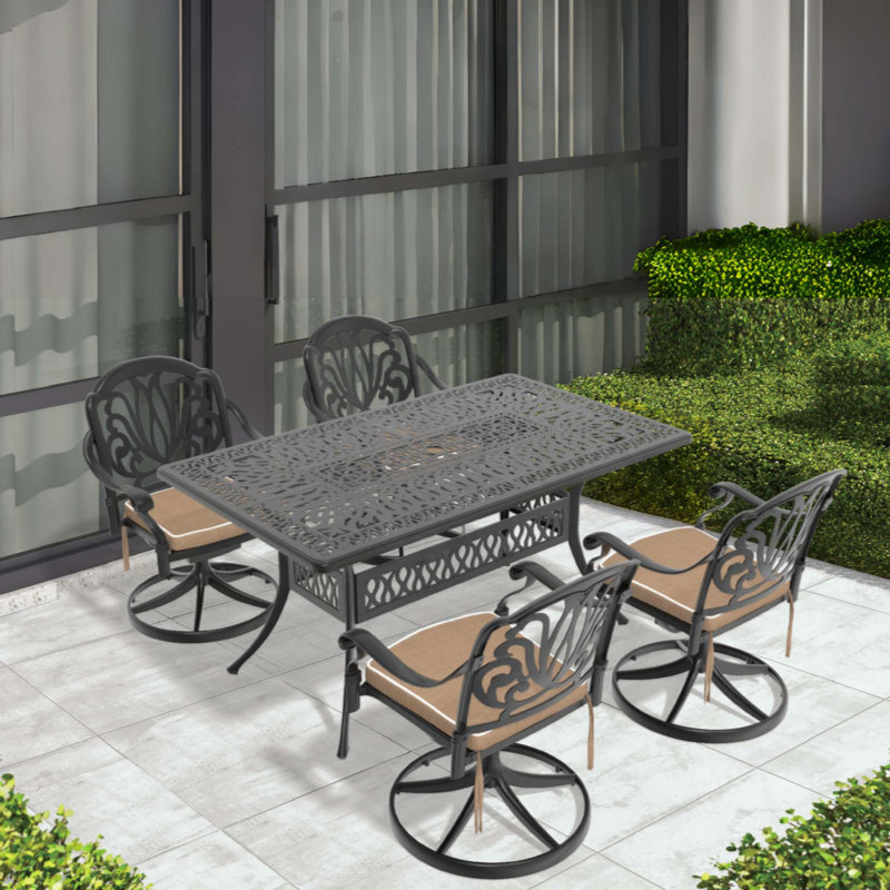 Ensemble de salle à manger 5 pièces en aluminium coulé résistant aux intempéries, comprenant 4 chaises pivotantes et une table rectangulaire avec cadre
