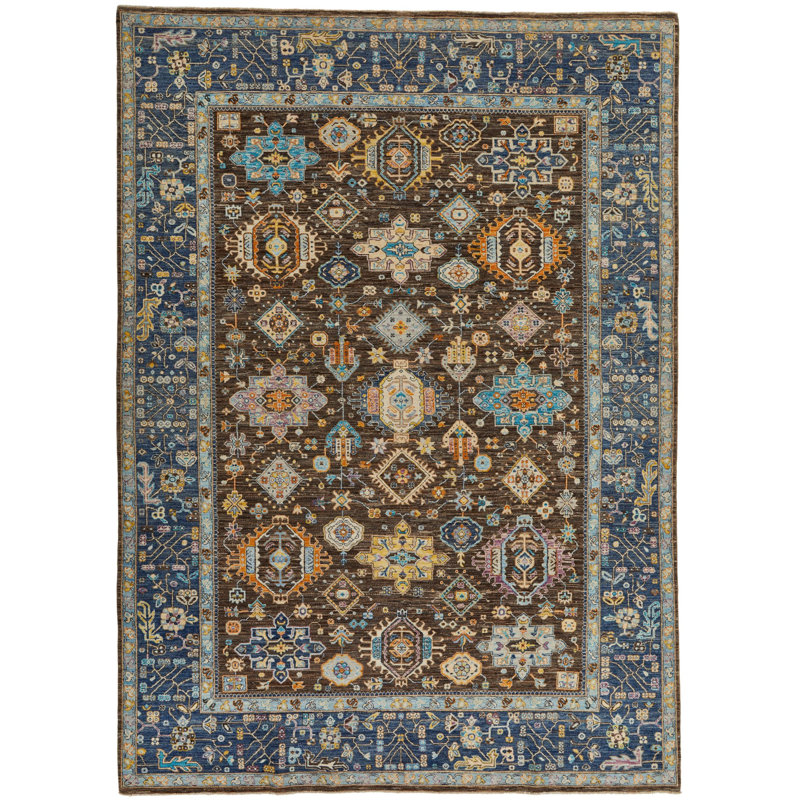 Tapis tribal turc gris et bleu 9 x 13