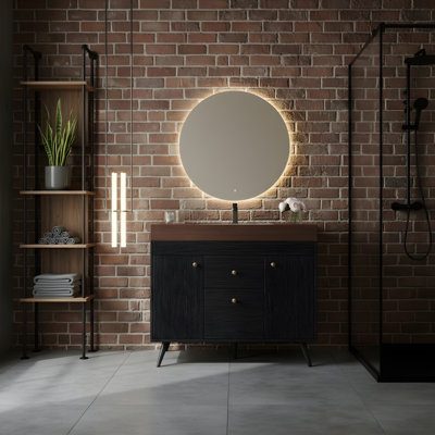 Meuble-lavabo autoportant moderne avec plateau en pierre frittée, lavabo en céramique et rangement intelligent