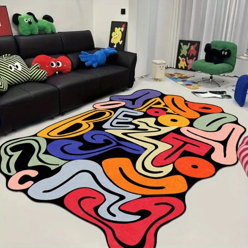 Thick Soft Velvet Colorful Letter Design Area Rug, Twisted Shape Abstract Pattern Mat In Blue Green Red Yellow, Plush Polyester Blend For Bedroom Living Room Study – Hand Wash Only