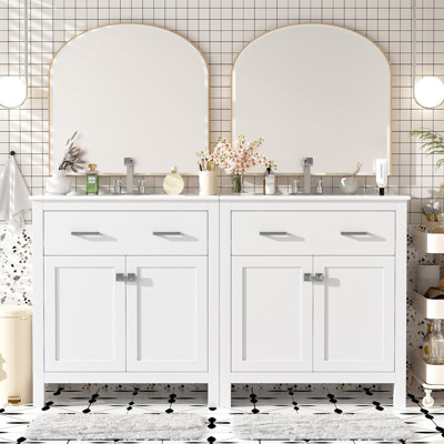 Ensemble de meuble-lavabo moderne 60 po avec lavabos doubles (séparés), lavabos doubles en céramique, tablette réglable, portes à fermeture en douceur et tiroir rabattable - Solution de salle de bain moderne pour salles de bain spacieuses, meuble-lavabo
