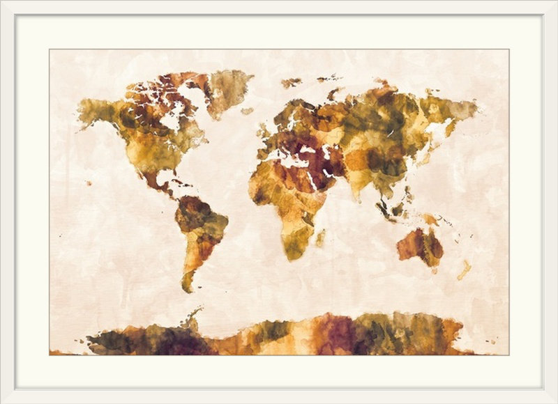 «Carte du monde» par Francy, impression, Cadre blanc, H 24 po x l 32 po x P 1 po