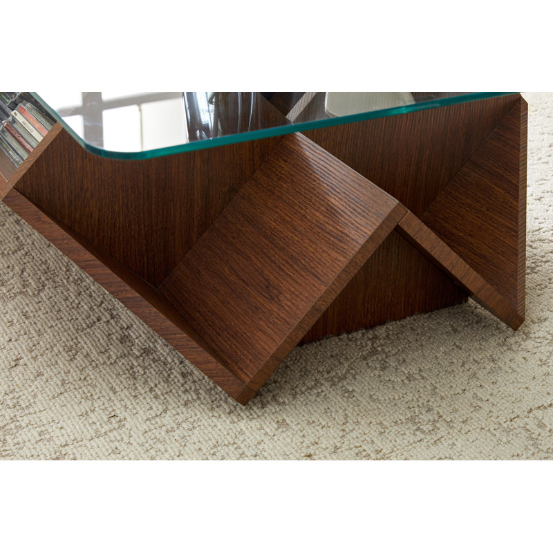 Table basse 43,5 "rectangulaire en verre trempé avec base de rangement géométrique, noyer, Walnut