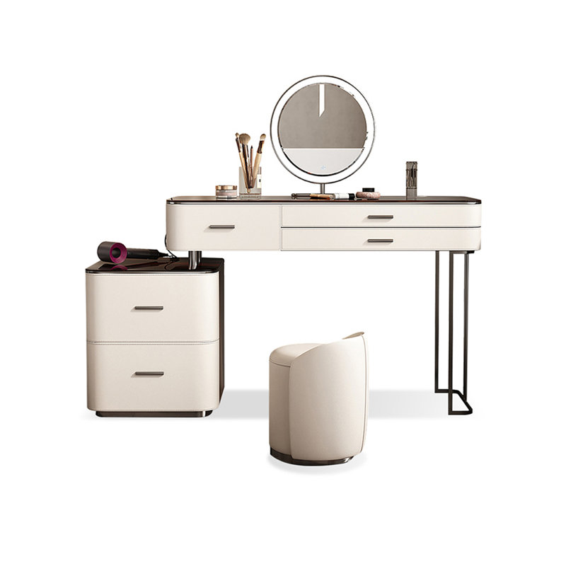 Coiffeuse de maquillage avec miroir lumineux, 5 tiroirs, prise de courant, 1 chaise