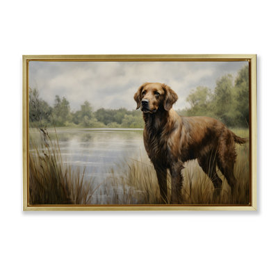 Retriever Dog & Pond Gold Framed Floater Canvas by Petal Prints Design