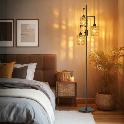 3-Light Boho Floor Lamp With Rattan Wicker Shade, Adjustable Dimmable Standing Lamp For Living Room, Farmhouse Coastal Decor With Interchangeable Palm Tree Design Shades