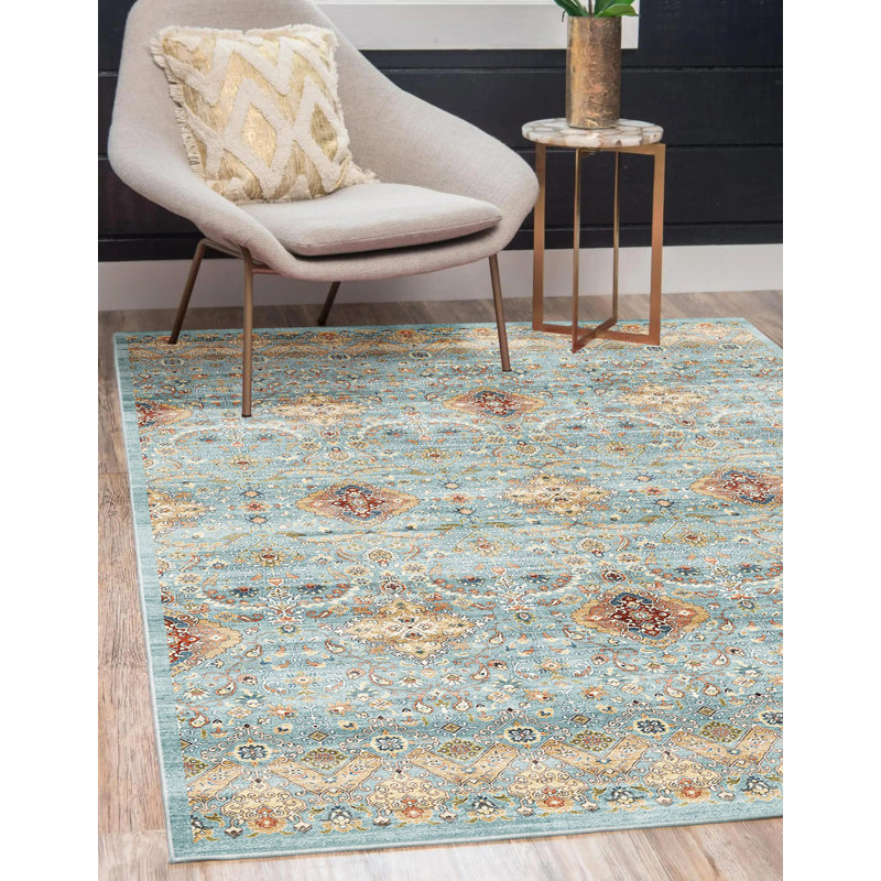 Samira Tanis Aqua Blue Gold Cream Multi Moroccan Bohemian Machine Washable Indoor Area Rug, Flat Pile for Living Room & Bedroom - Sage, 5x7