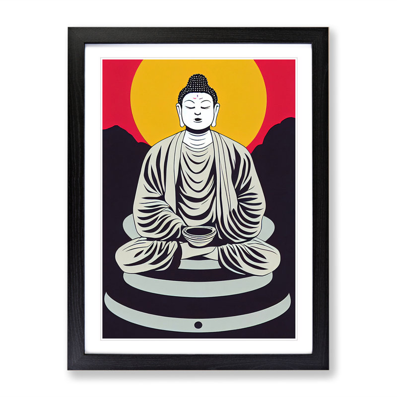 Buddha by Setting Sun - Wall Art, 48cm H x 36cm W, Black Framed, White