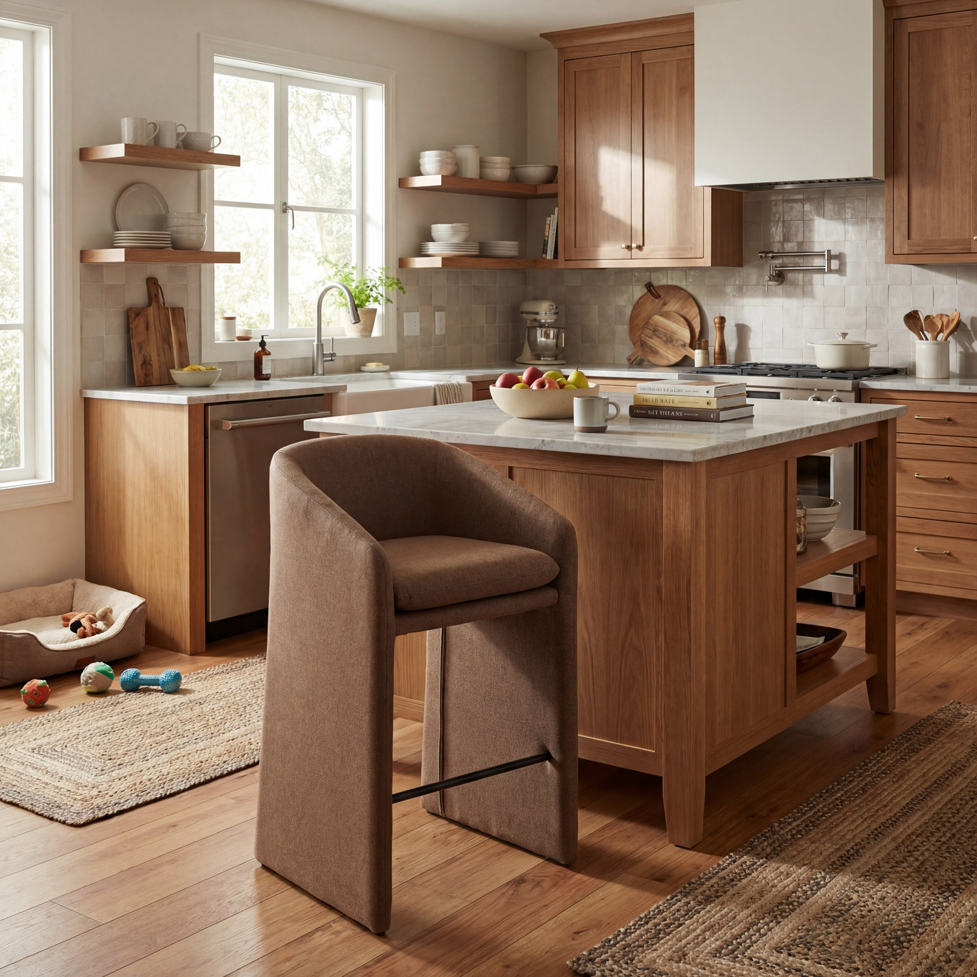Brown Upholstered Bar Stools Modern Sculpted Design With Metal Footrest, Comfortable Cushioned Seat & Back, Ideal For Kitchen Island Or Home Bar