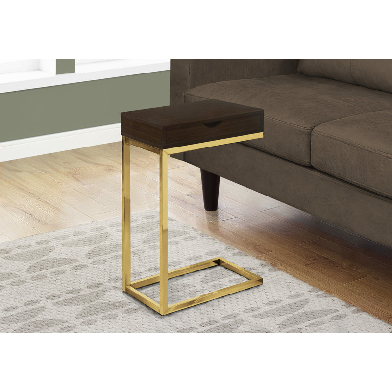 Accent Table C-shaped, End, Side, Snack, Storage Drawer, Living Room, Bedroom, Metal, Espresso, Gold