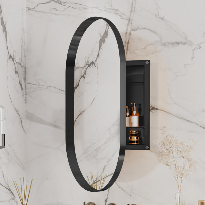 Armoire murale ovale encastrée avec miroir et tablettes réglables Shravan, Noir mat