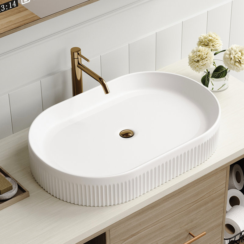 22.8 - Inch Contemporary Bathroom Vanity Of White Ceramic, Oval Vessel Sink With Vertical Striped Design, Center Drain And Pop Up Drain, Splash Solution Ceramic Vanity, Body, Up, Fixture