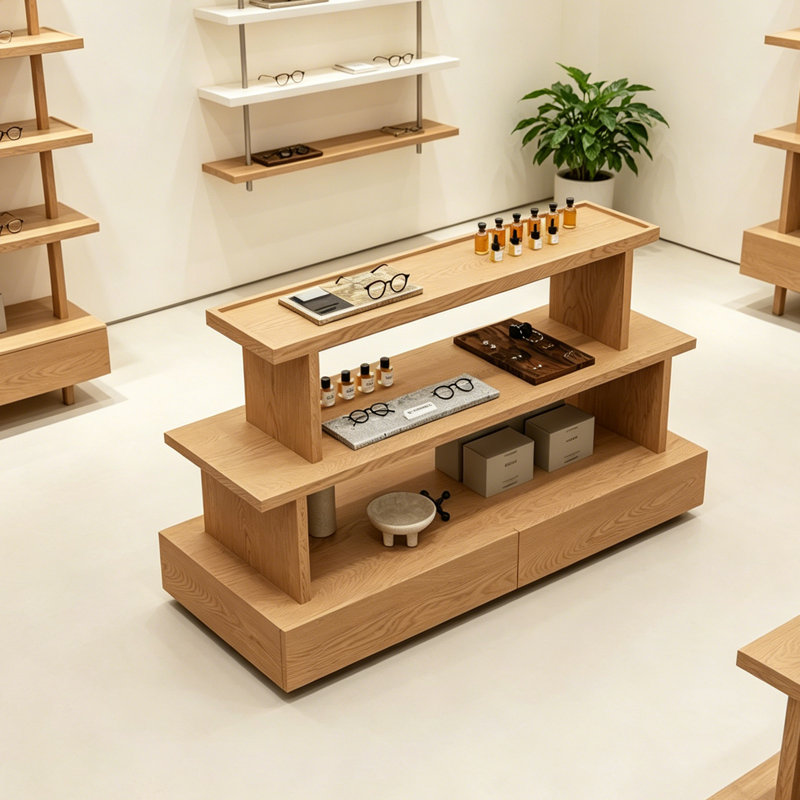 Vitrine simple en bois à trois couches, 35.4" H x 50.4" W x 23.6" D