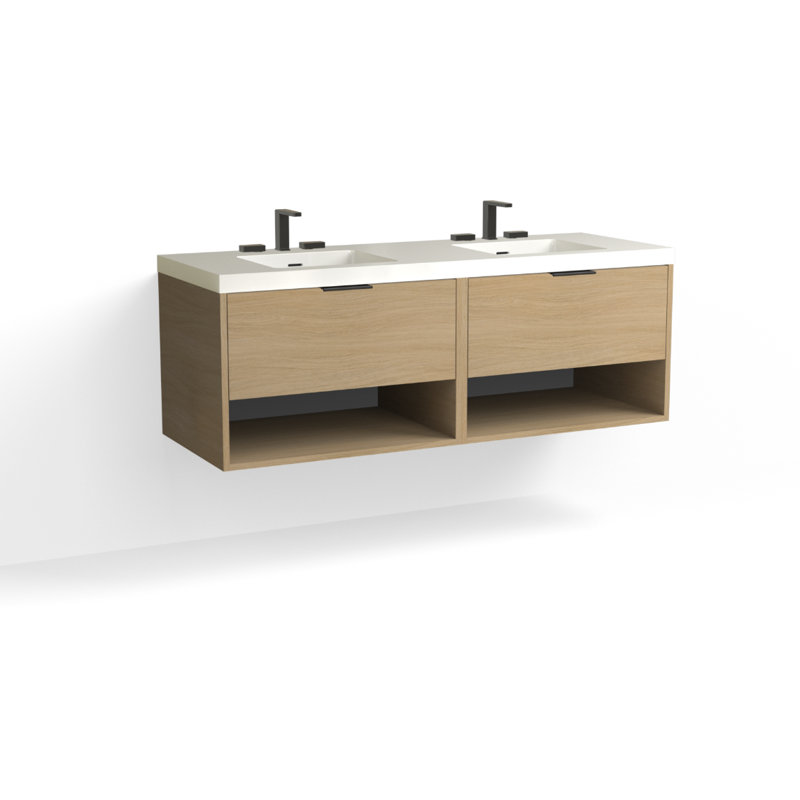 Modo 60" W Wall Mounted Double Bathroom Vanity, Glossy White/Single, Satin Brass, White Acrylic