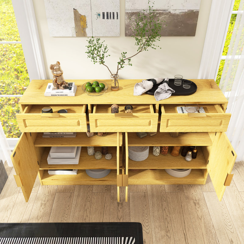 Buffet de ferme 59,1 "avec tablettes réglables et 3 tiroirs, Naturel