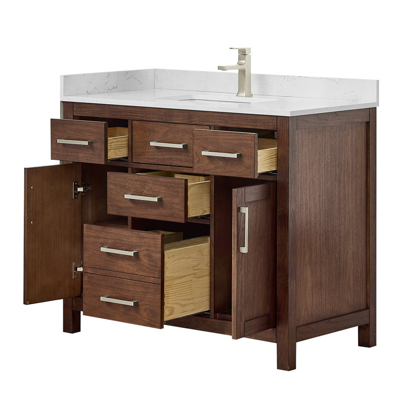 Meuble-lavabo simple autoportant de 42 po avec plateau en marbre Beckett, Noyer foncé, Nickel brossé