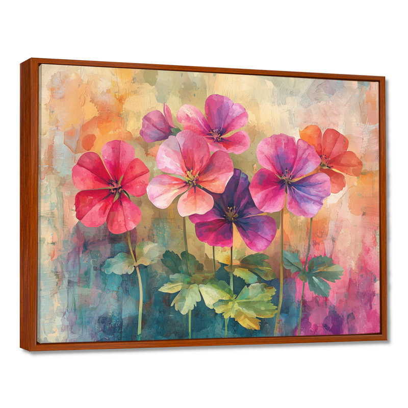 Neon Geranium Fields Pop Art II - Geraniums, art mural sur toile, H 30 po x l 40 po, Cadre flottant, Brun
