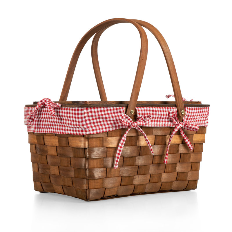 Panier de pique-nique en bois tissé à la main Kansas - Grand panier avec couvercle de table, Rouge / Blanc