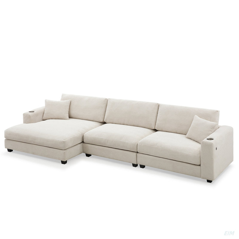 134*54" Oversized Corduroy Sectional Sofa,L Shaped Cloud Couch With USB Charging Port,Cup Holder,Deep And Wide Seat Sofa With 50" Chaise,Comfy Indoor Furniture For Living Room,3 Colors