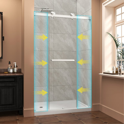 43 - 48 Inches, Brushed Nickel, Shower Door, 8mm Tempered Glass, Rust Hardware, Side Sliders Chamfered Corner,