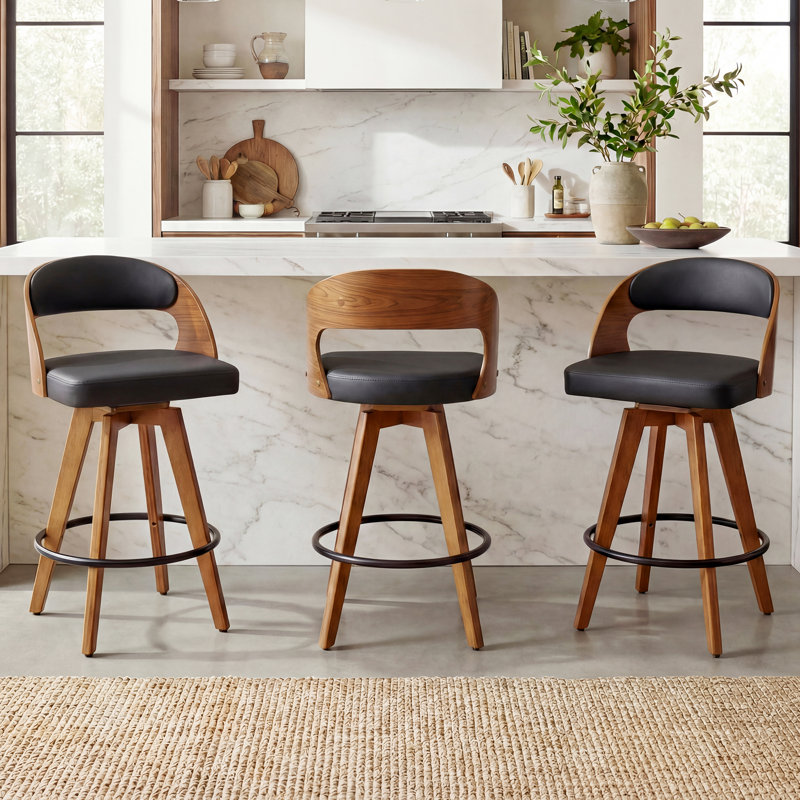 Ensemble de 3 tabourets de comptoir pivotants Deherrera, Counter Stool (26.78” Seat Height), Similicuir noir
