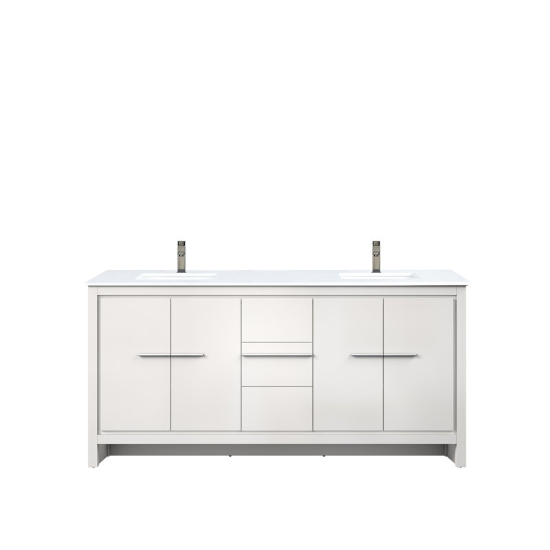 Meuble-lavabo double blanc 72 po - Quartz, robinet, fermeture en douceur, espace suffisant avec robinet en métal
