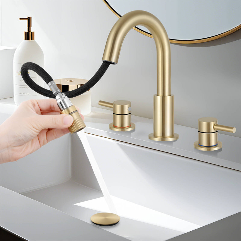 HGN Chrome 8 inches 3 Holes Pull Down Bathroom Sink Faucet with Pop-up Drain, Brushed Gold