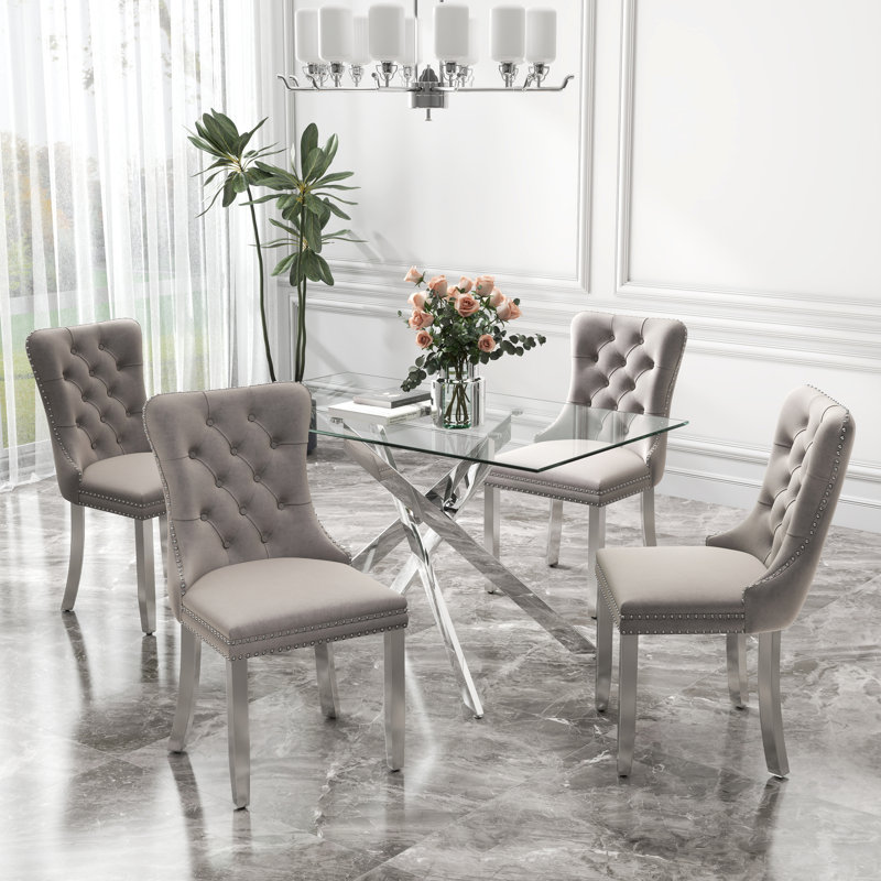Ensemble de table de salle à manger rectangulaire en verre trempé, table de salle à manger de luxe avec chaise de salle à manger en velours capitonné
