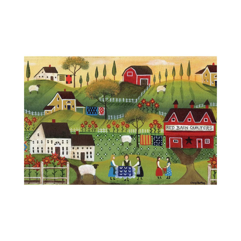 Red Barn Quilters by Cheryl Bartley - Painting on Canvas, 45.72cm H x 66.04cm W x 3.81cm D, Wrapped Canvas