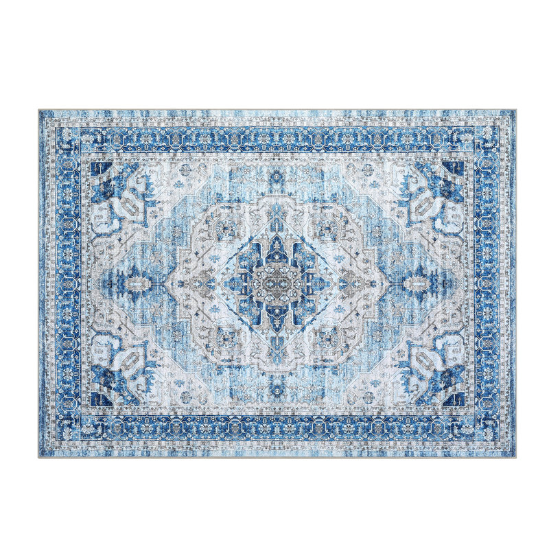 8×10 Washable Area Rugs Vintage Rug Boho Super Foldable Rugs for Bedroom Living Room Kids Room, Blue, Rectangle 8' x 10'
