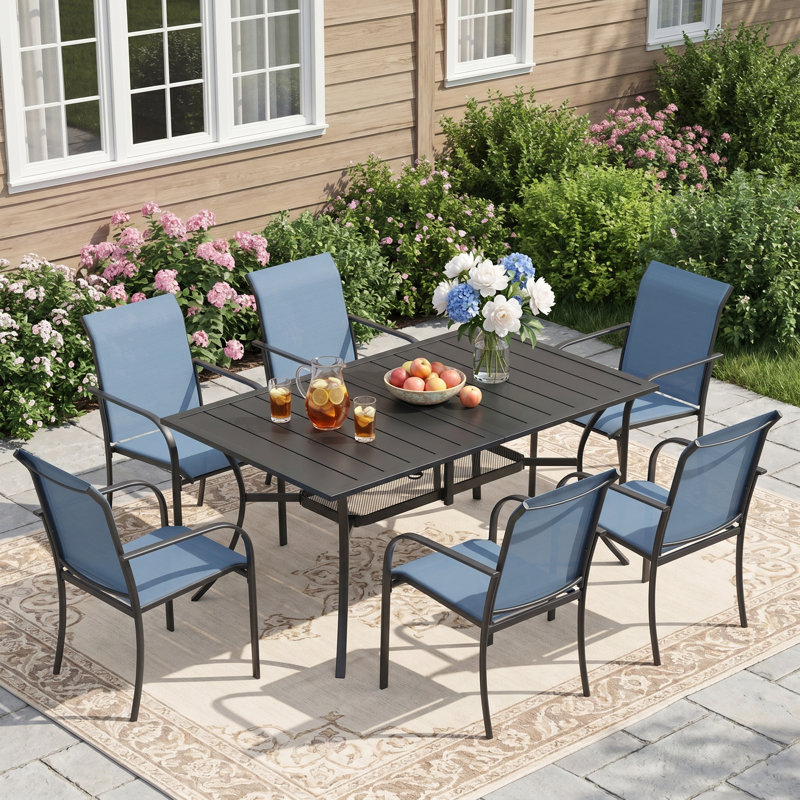 7 Pieces Patio Rectangular Table Outdoor Dining Set, Dark Blue