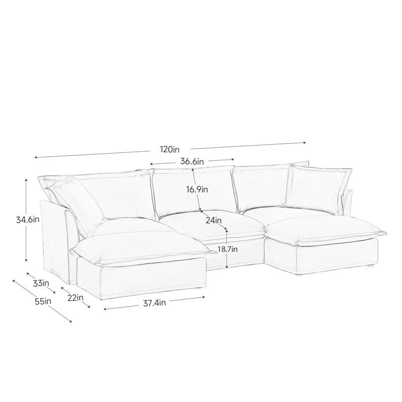 U-Shaped Sectional Sofa W/Reversible Footrest, 5-Seater Convertible Corner Couch With 2 Ottomans ,Modern Minimalist Soft Sofa & Couch For Living Room