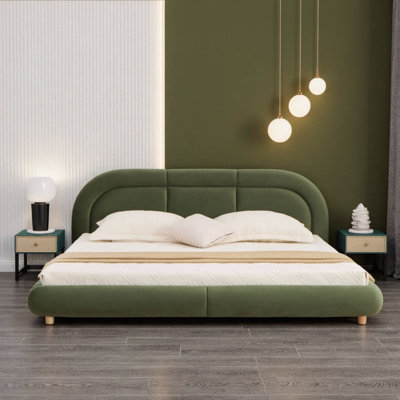 Lit plateforme tapissier moderne avec tête de lit arrondie Modern | Structure de lit en velours à profil bas avec lattes en bois