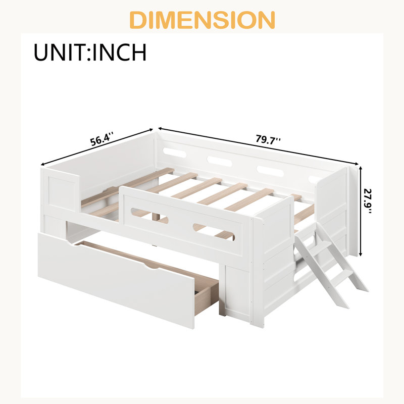 Lit plateforme en bois avec garde-corps et tiroir, Lit double, Blanc