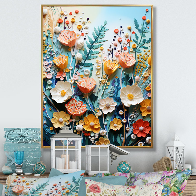 Plants Field Pointillism Dot I - impressions sur toile florales, H 32 po x l 24 po x P 1 po, Cadre flottant doré