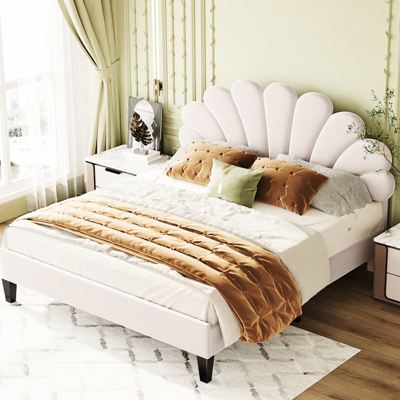 Queen Size Platform Bed With Beige Velvet Fancy Pattern Headboard Upholstered Decorative In Beige,, Queen, Beige