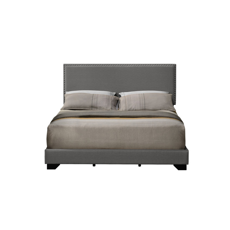 Gray Fabric Queen Bed With Nailhead Trim Accent, Fully Upholstered, Wood Leg, 4 Slats Box Spring Required, 660Lbs Weight Capacity, 6" Floor , 86.03 In Depth, 64.77 Width, 42.58 Height Upholstered