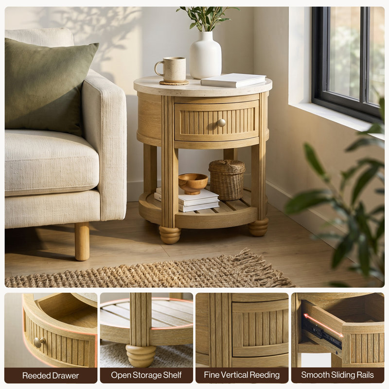 COLAMY VERSE Round Reeded End Table with Stone-Look Top and Storage