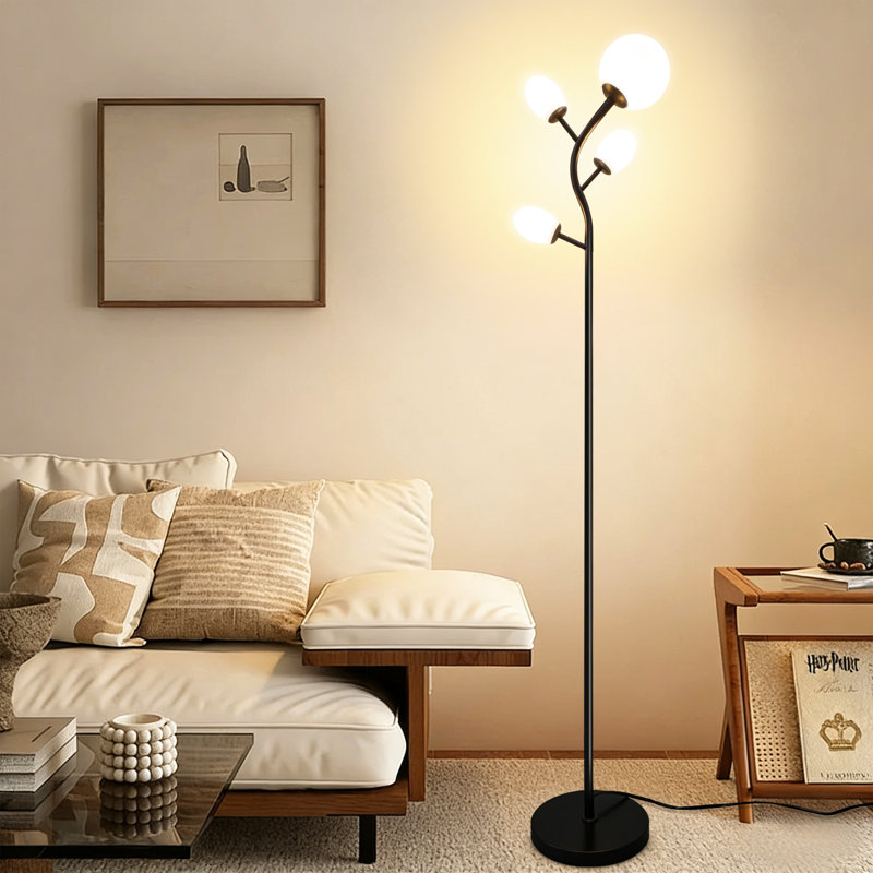 Modern Tree Floor Lamp With 4 Light Bulbs , Black Standing Lamp With Frosted Glass Shade For Living Room & Bedroom, Black