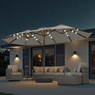 Parasol de marché rectangulaire 8,5 pi x 14,5 pi avec base et lumières chaudes solaires