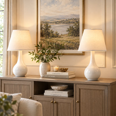 Ensemble de 2 lampes de table 18 po en céramique blanche lisse avec abat-jour en lin naturel pour entrée de salon de chambre à coucher